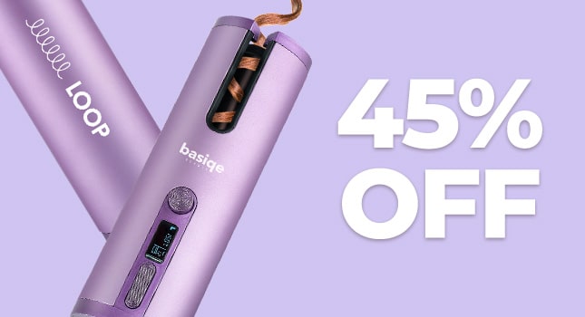 Hair curler with a lock of hair inside and a '45% OFF' sale banner.