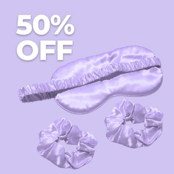 A satin sleep mask and scrunchies with '50% OFF' text on a purple background.
