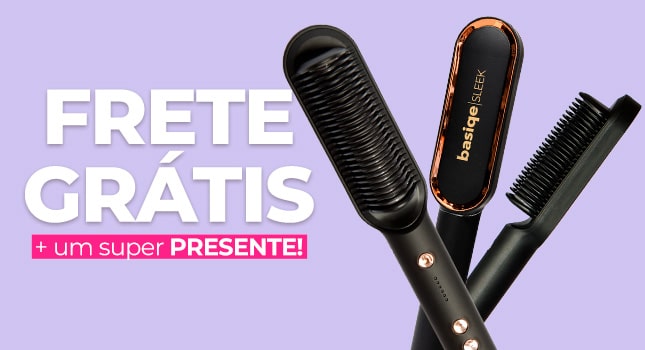 Two hair straightening brushes on a purple background with Portuguese promotional text.