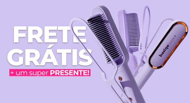 Hair styling tools with the text 'FRETE GRÁTIS + um super PRESENTE!' on a purple background.