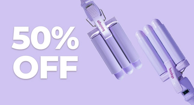 Ad for beauty products with '50% OFF' text, on a purple background.