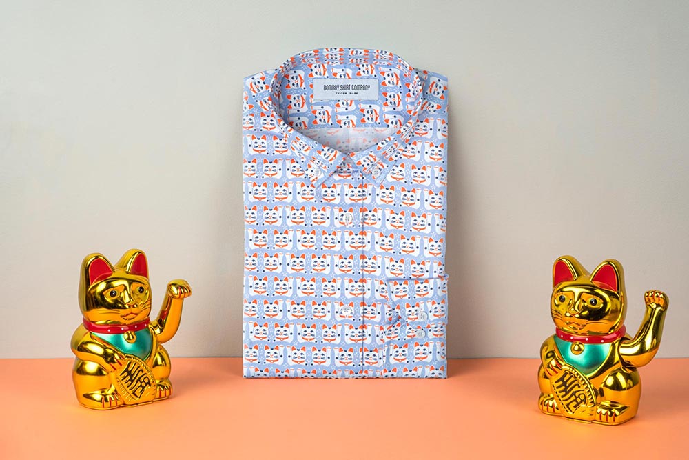 Bombay Shirt Company Limited Edition Blue Lucky Cat Shirt Safomasi Print Collaboration