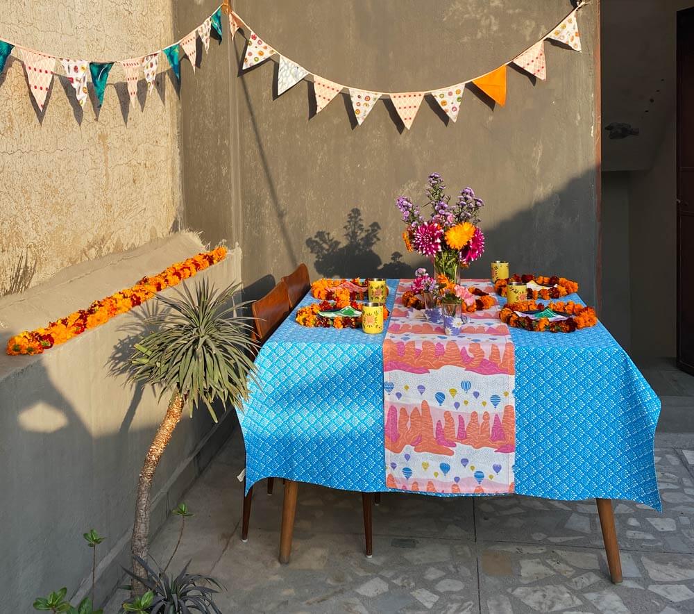 Colourful Holi Tablescape Terrace with Bunting