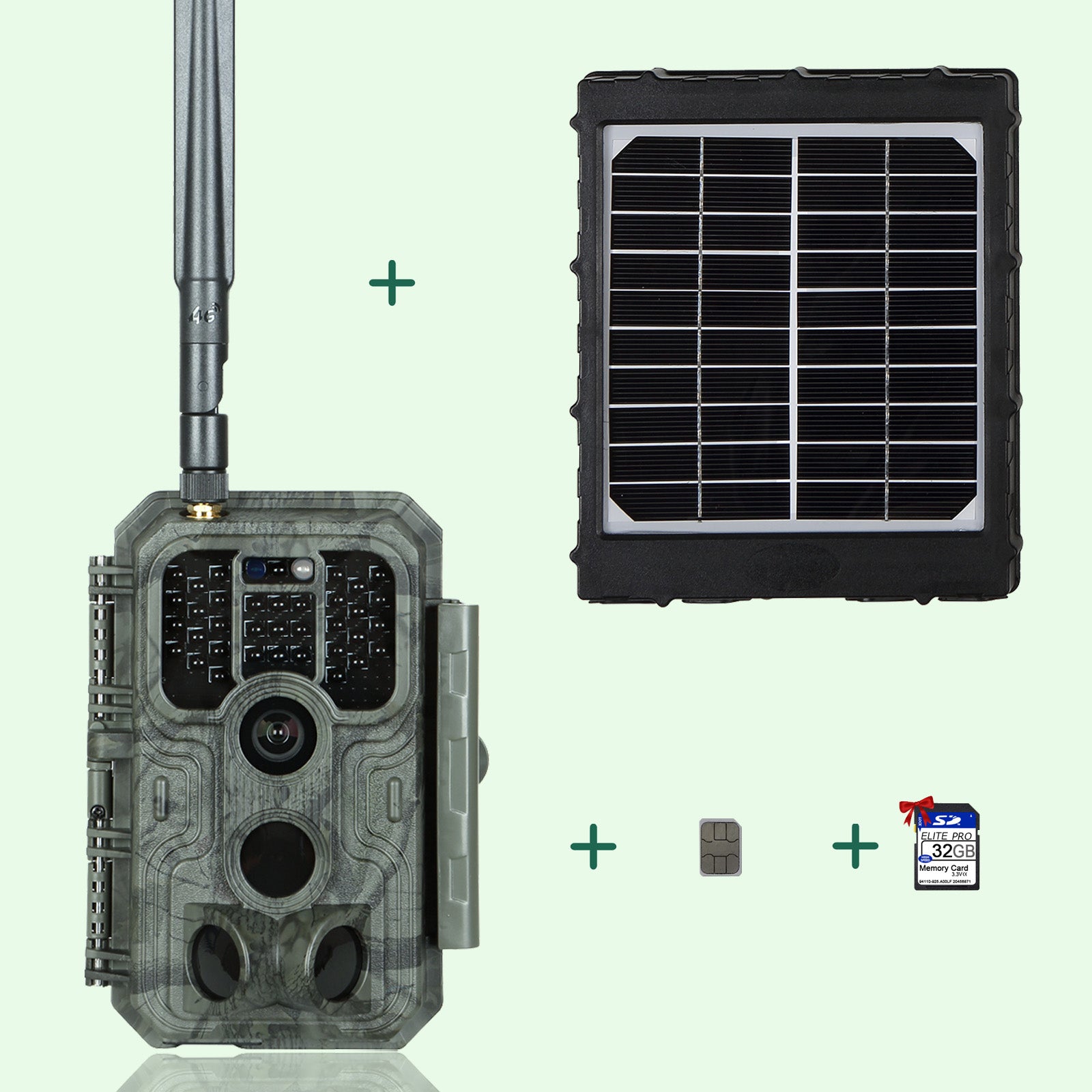 green LTE günstig Kaufen-Bundle 4G LTE Wildkamera Wildtierkamera Jagdkamera 32MP mit SIM-Karte und 32GB Speicherkarte und Solarpanel-Kits A390G Green. Bundle 4G LTE Wildkamera Wildtierkamera Jagdkamera 32MP mit SIM-Karte und 32GB Speicherkarte und Solarpanel-Kits A390G Green <![C