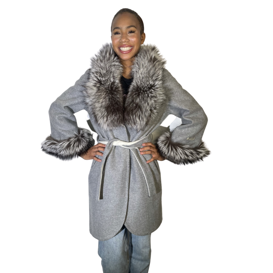 Wool Jacket With Fox Fur Trim Hood Grey 