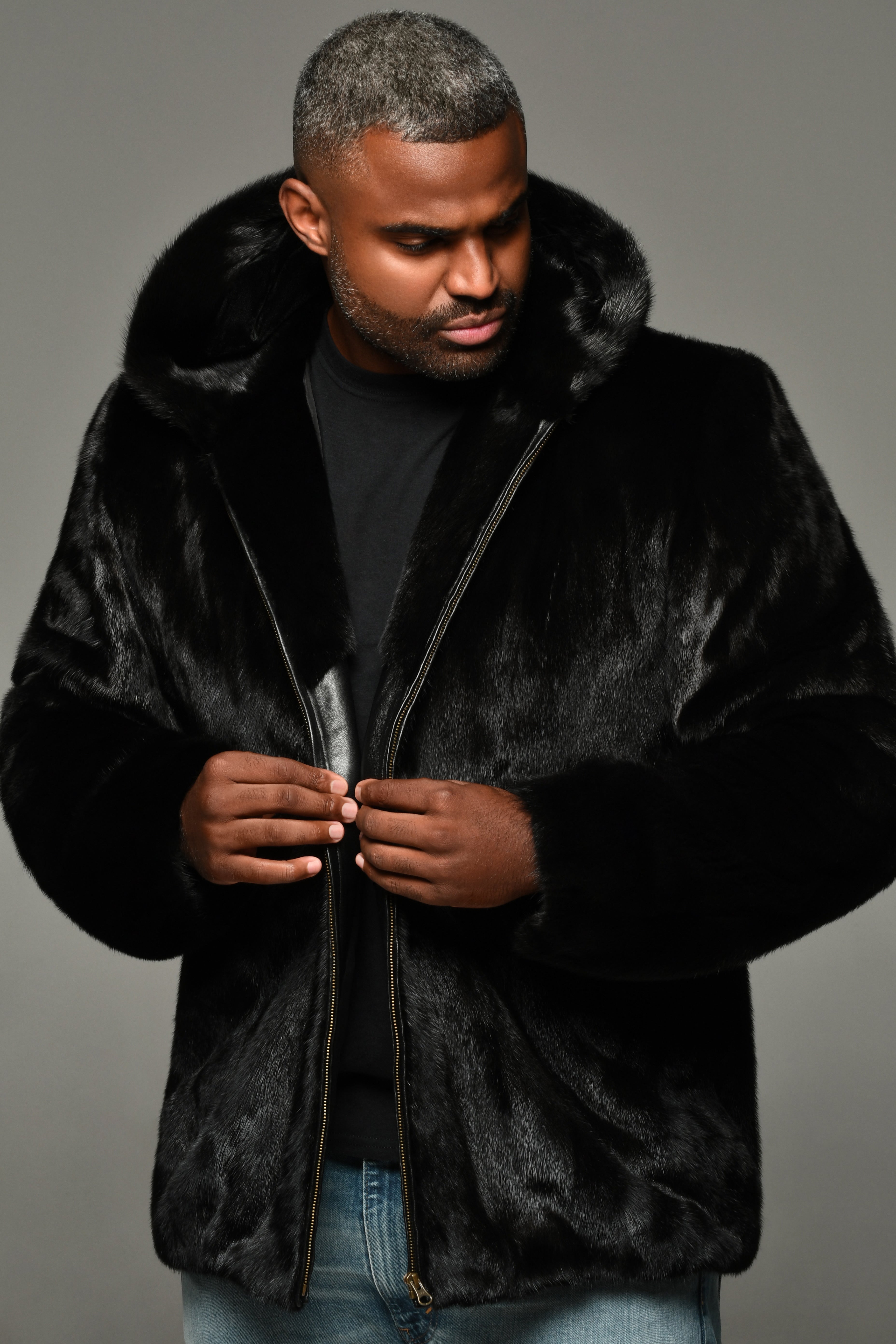 Oliverfurs Refurbished New Black Mink Fur Bomber Jacket W/Hood for Men Man Size All Custom Made