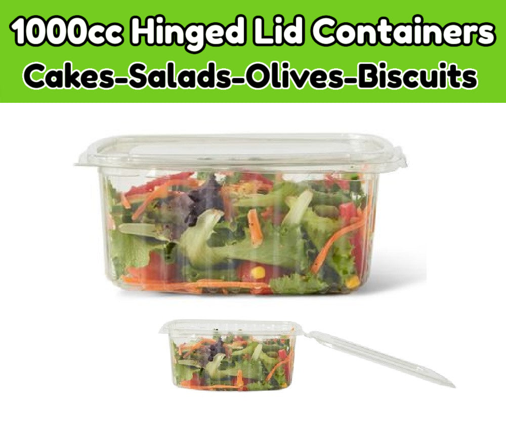 100 x 1000cc Clear Cold Food/Salad/Cake Container With Hinged Lid (170mm x 135mm x 75mm) Recyclable rpet