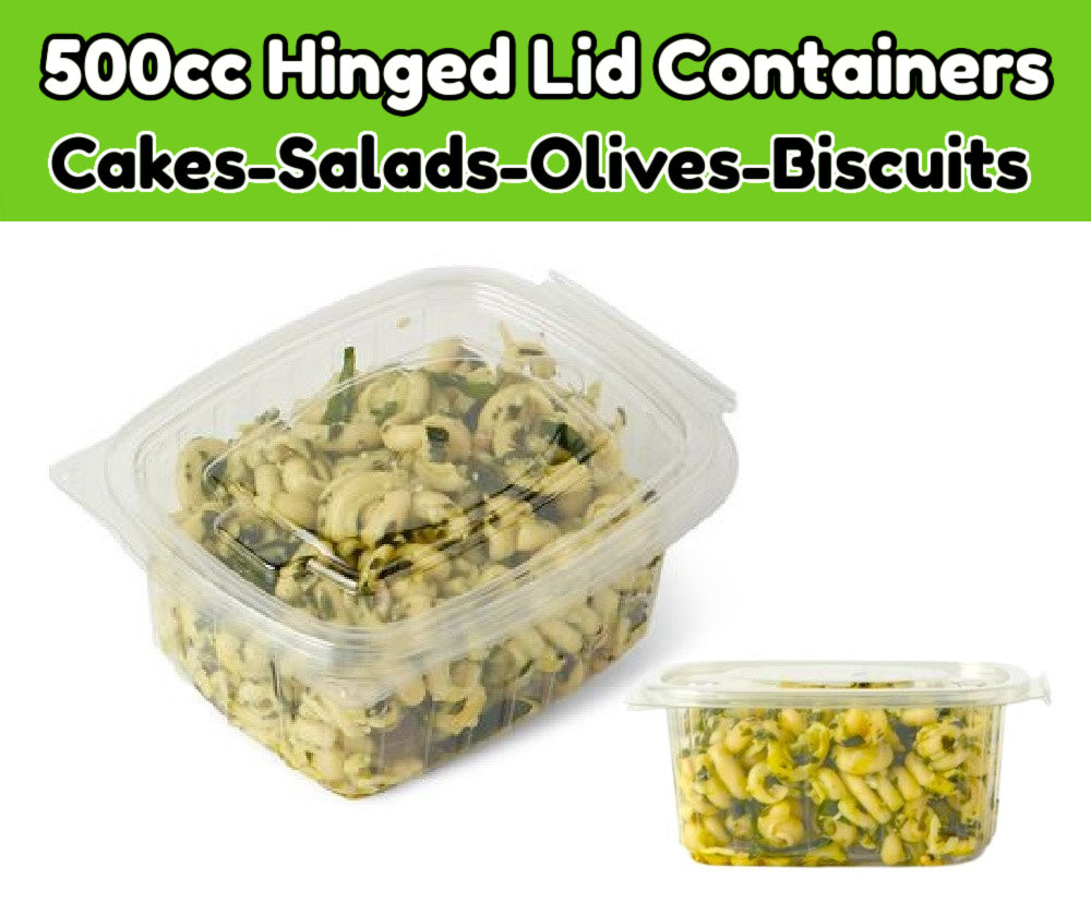 200 x 500cc Clear Cold Food/Salad/Cake Container With Hinged Lid (140mm x 115mm x 60mm) Recyclable rpet