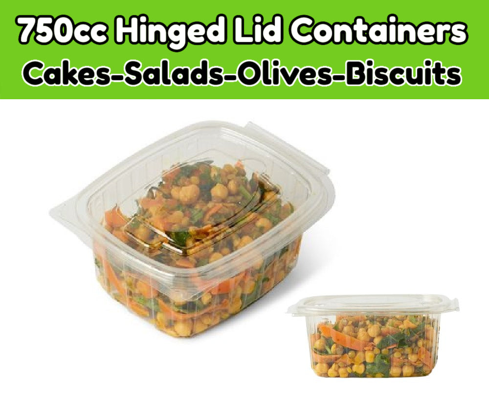 100 x 750cc Clear Cold Food/Salad/Cake Container With Hinged Lid (170mm x 135mm x 55mm) Recyclable rpet