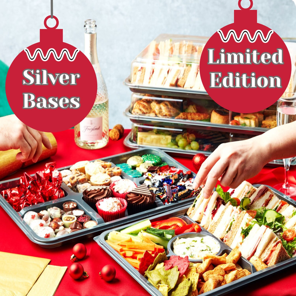 5 Piece Silver Base Platter Party Set & Clear Lids -3 x Large + I x Dip Platter + 1 x 6 Cavity