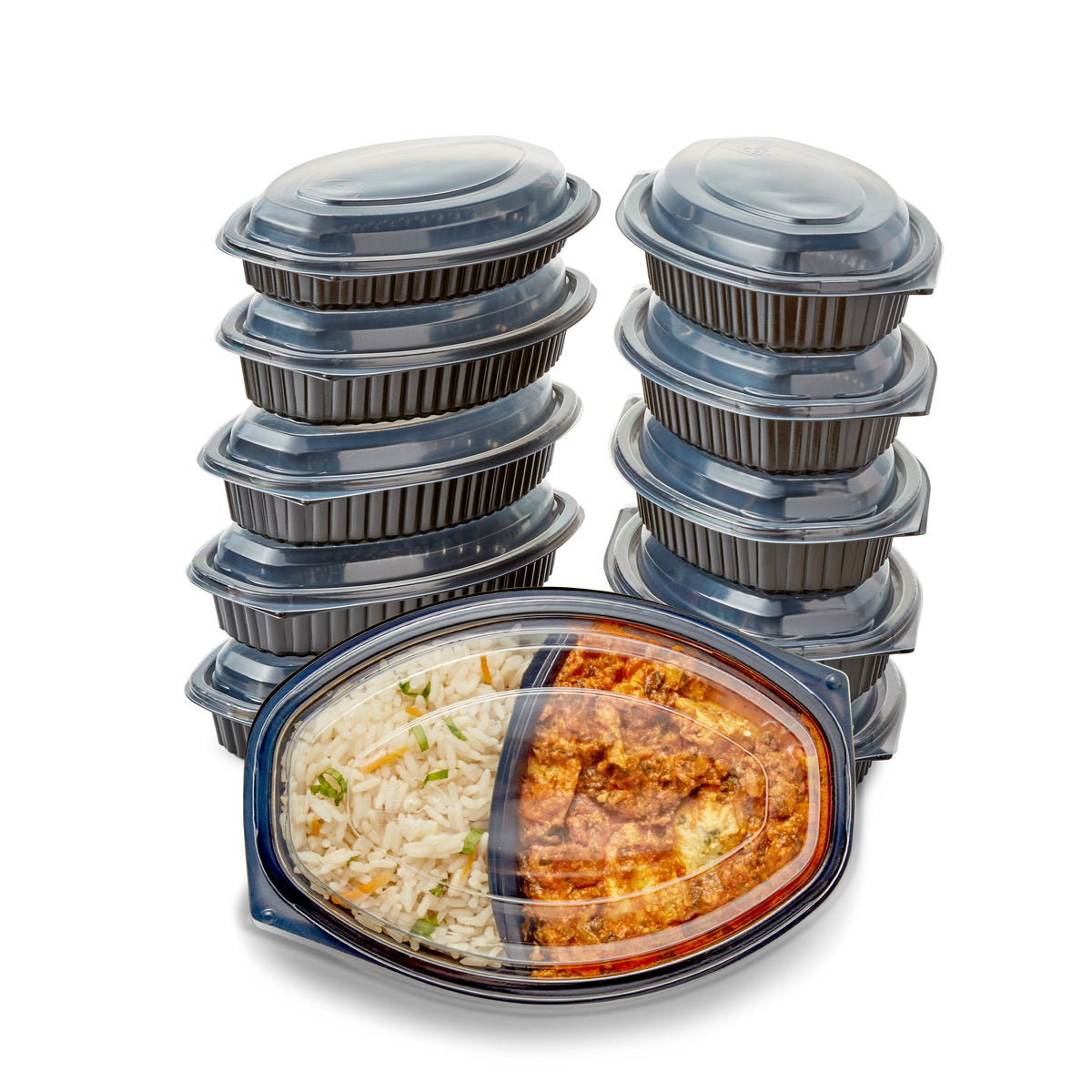 20 x 560 ml (19.8 ounce) Microwavable Twin Hot Food Meal Prep Trays & Lids (207mm x 143mm x 59mm)