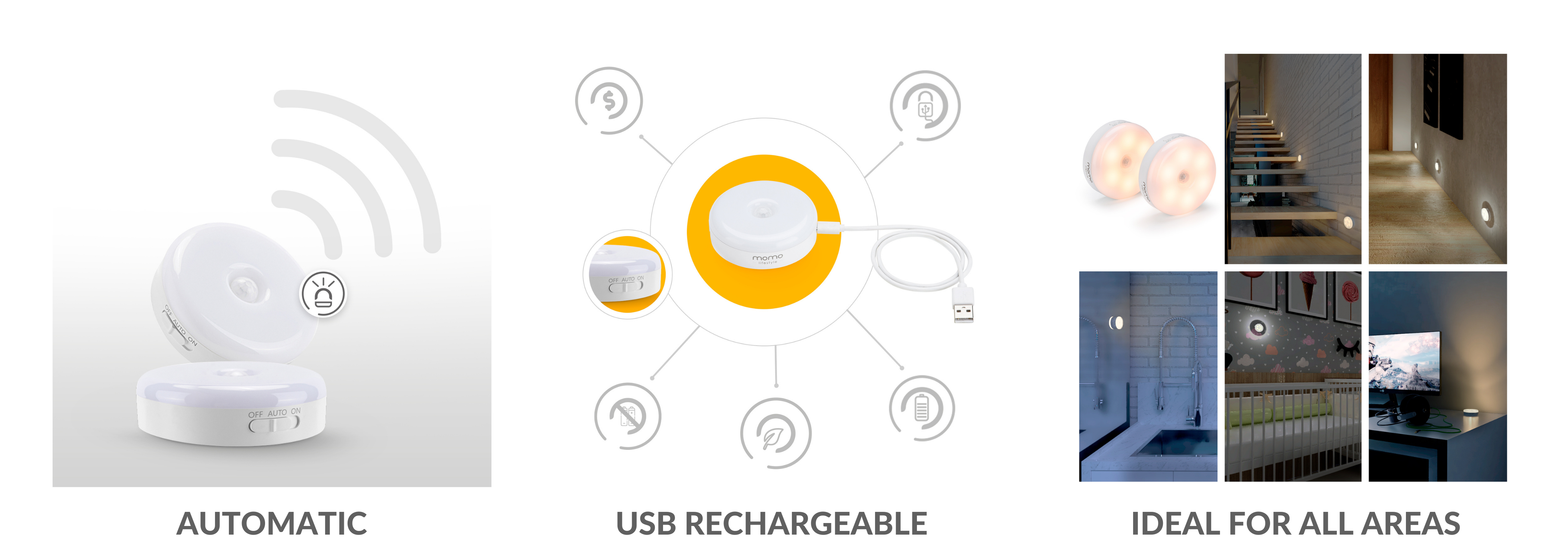 Momo Lifestyle Motion Sensor Night Light Automatic USB Rechargeable Battery Warm Yellow 3.7V