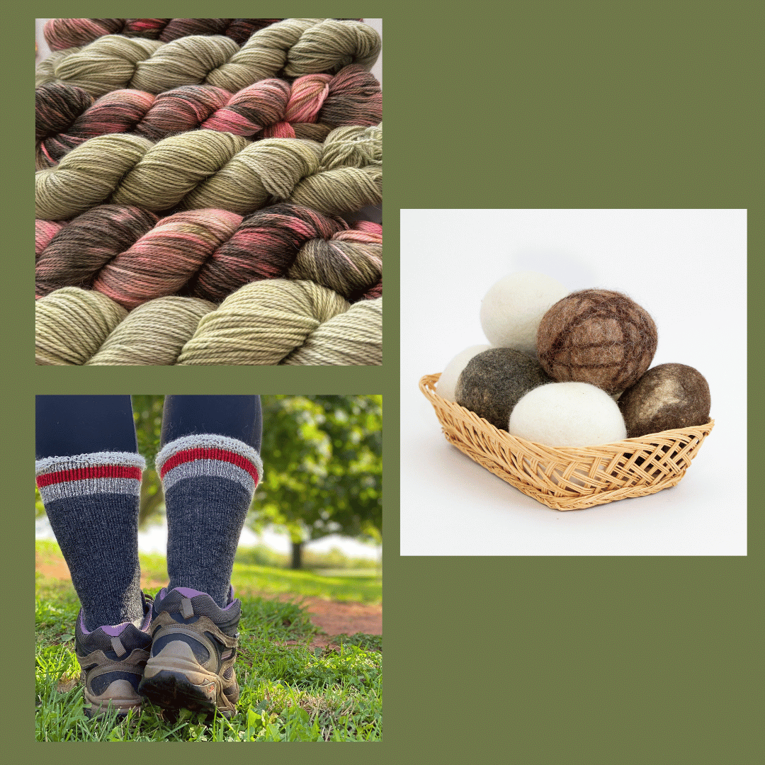 A collage of alpaca fibre uses; yarn, dryer balls, socks