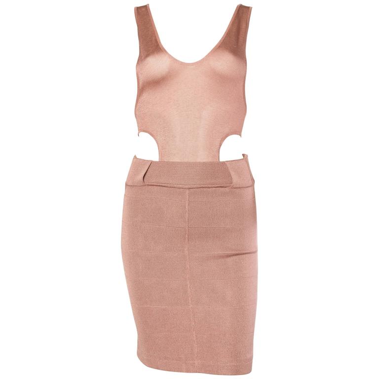 1990 ALAIA Blush Pink Rayon Jersey Bodycon Cocktail Dress With Cut Out Racer Back