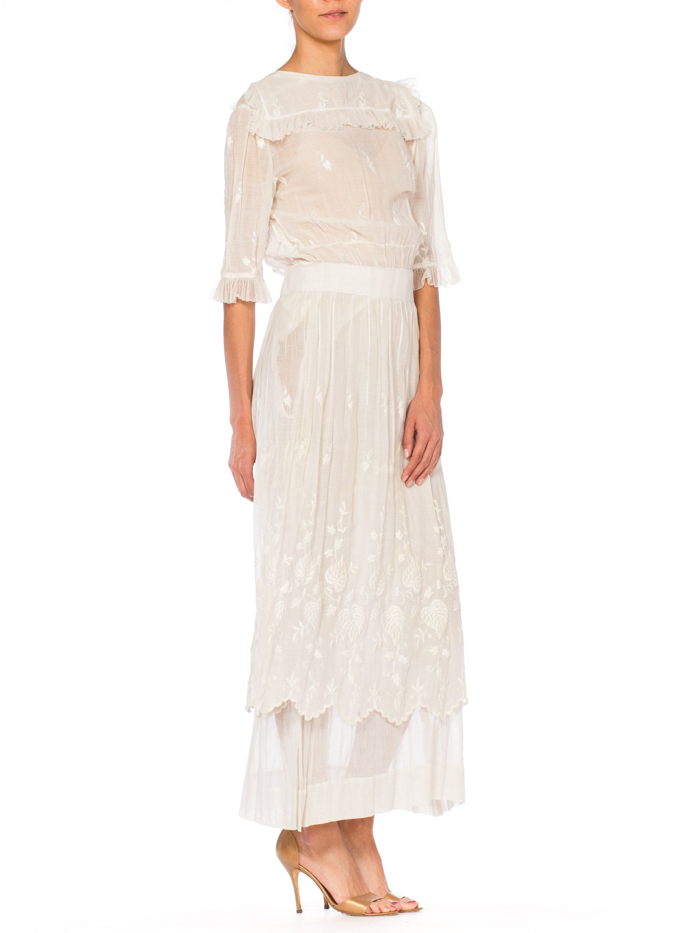 Edwardian White Embroidered Cotton Voile Tea Dress With Sleeves – MORPHEW