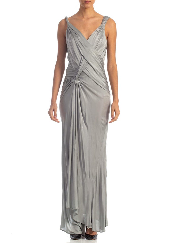 2000S JOHN GALLIANO Dove Grey Rayon Jersey Backless Gown With Slit
