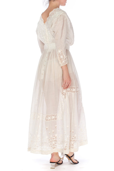 1900S White Cotton Lawn & Edwardian Eyelet Lace Dress With Pintucked S ...