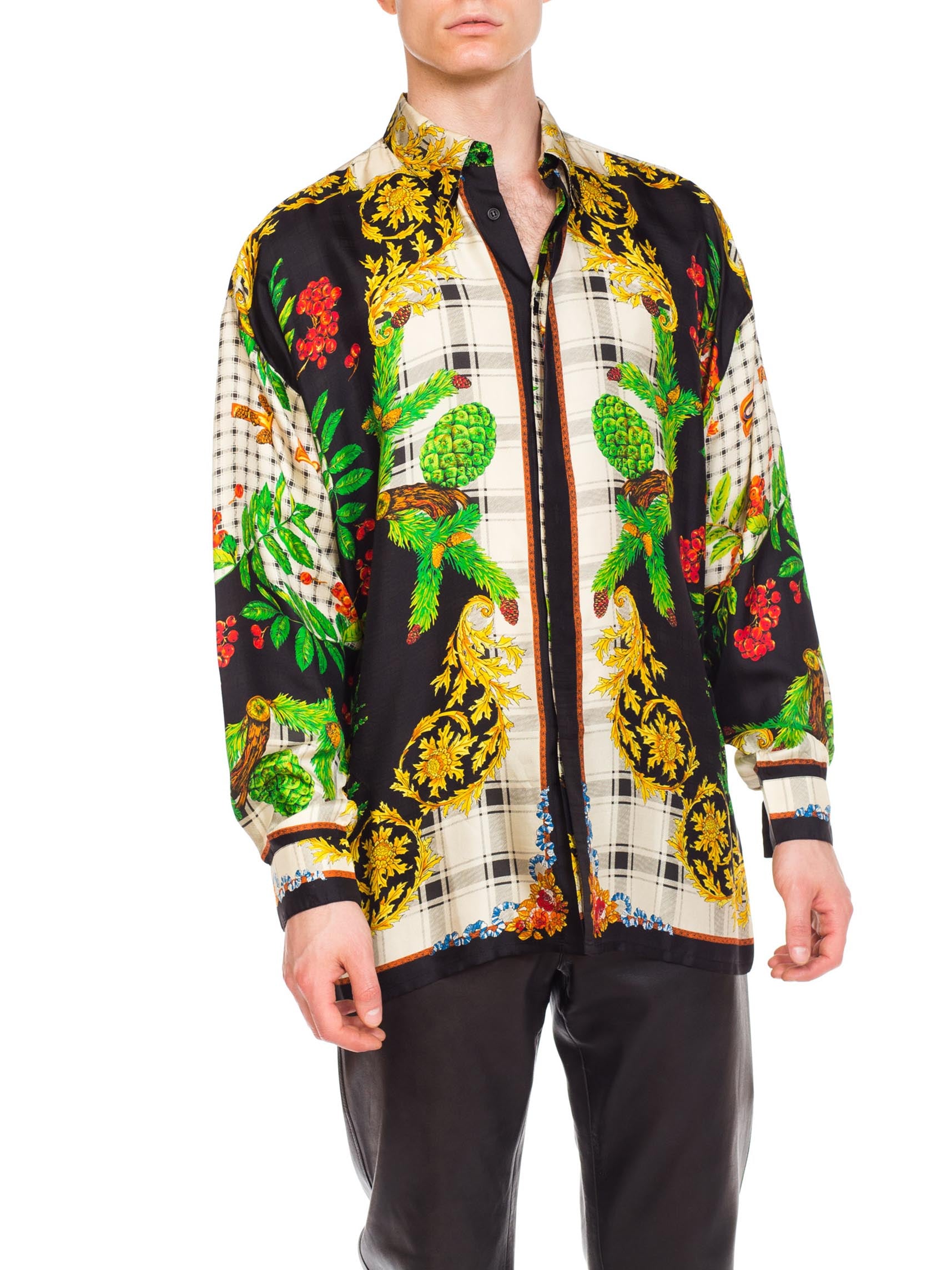 1990S GIANNI VERSACE Silk Men's Istante Autumnal Baroque Print Shirt S ...