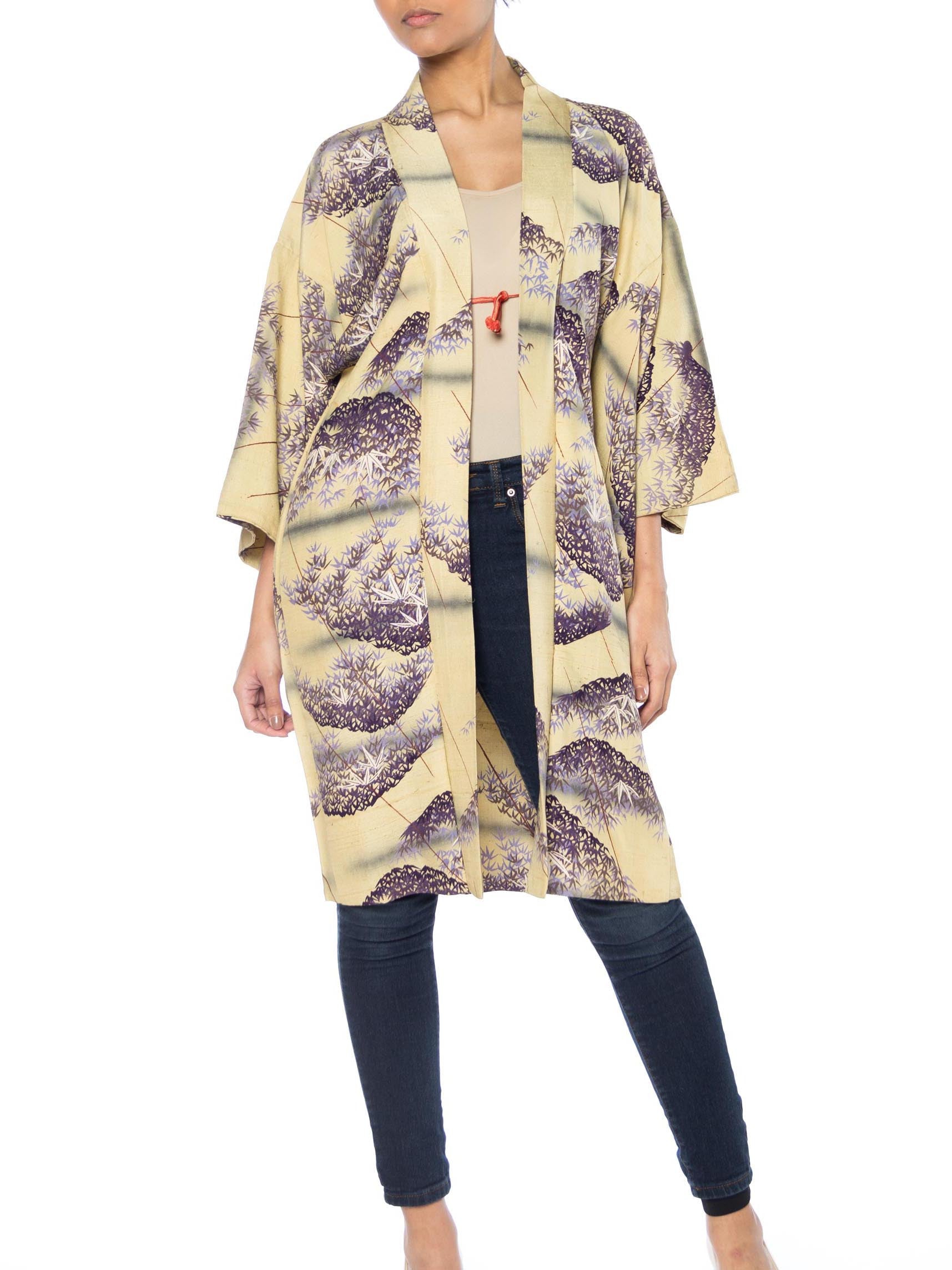 1930S Eggplant Purple & Beige Silk Abstracted Bamboo Print Kimono – MORPHEW