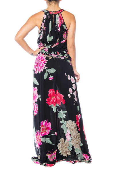 1990S LEONARD Pink & Black Silk Chiffon Tropical Floral Gown With Meta ...