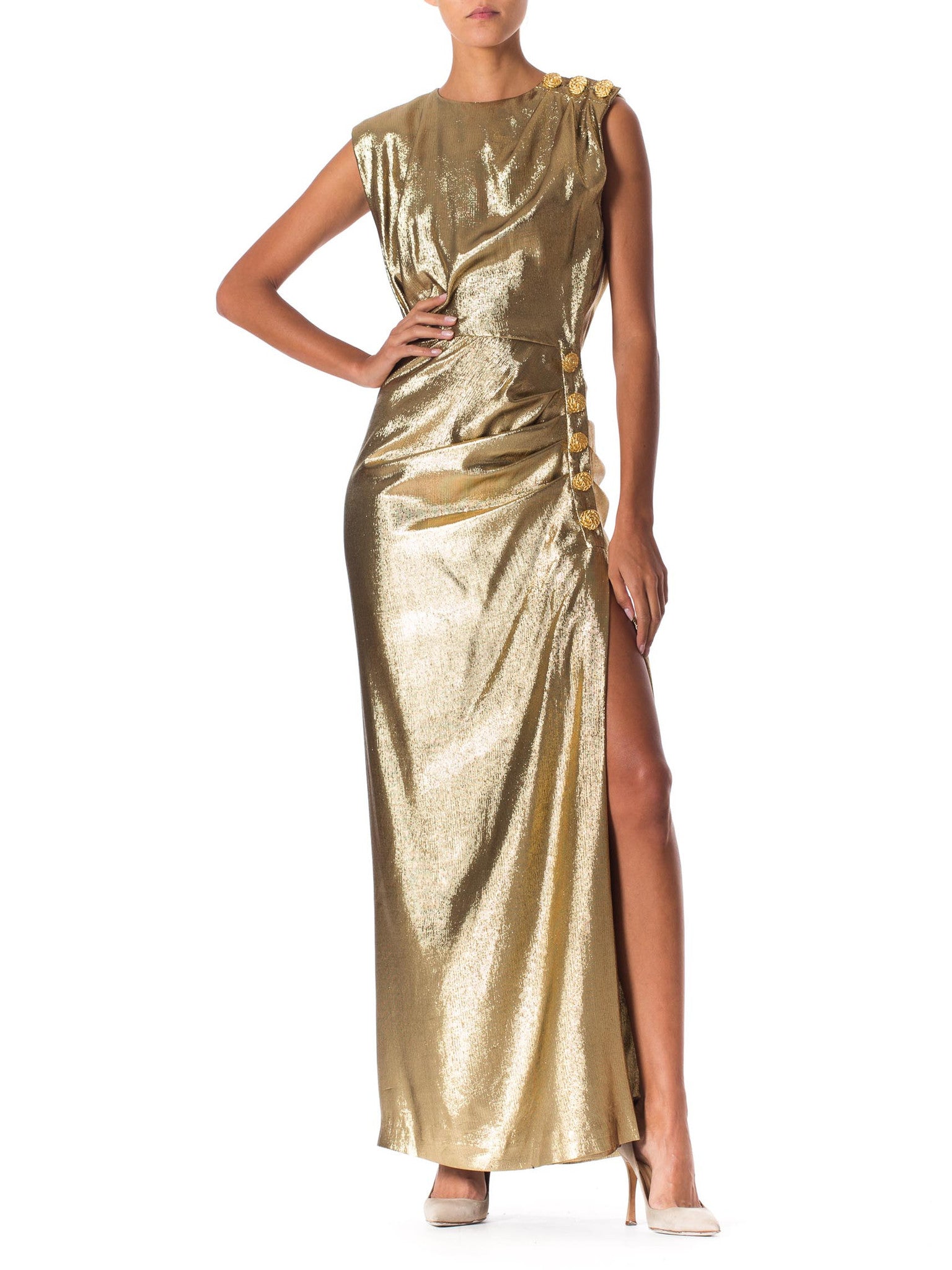 1980s Knockout Silk Lamé Gown from Yves Saint Laurent with High Slit ...
