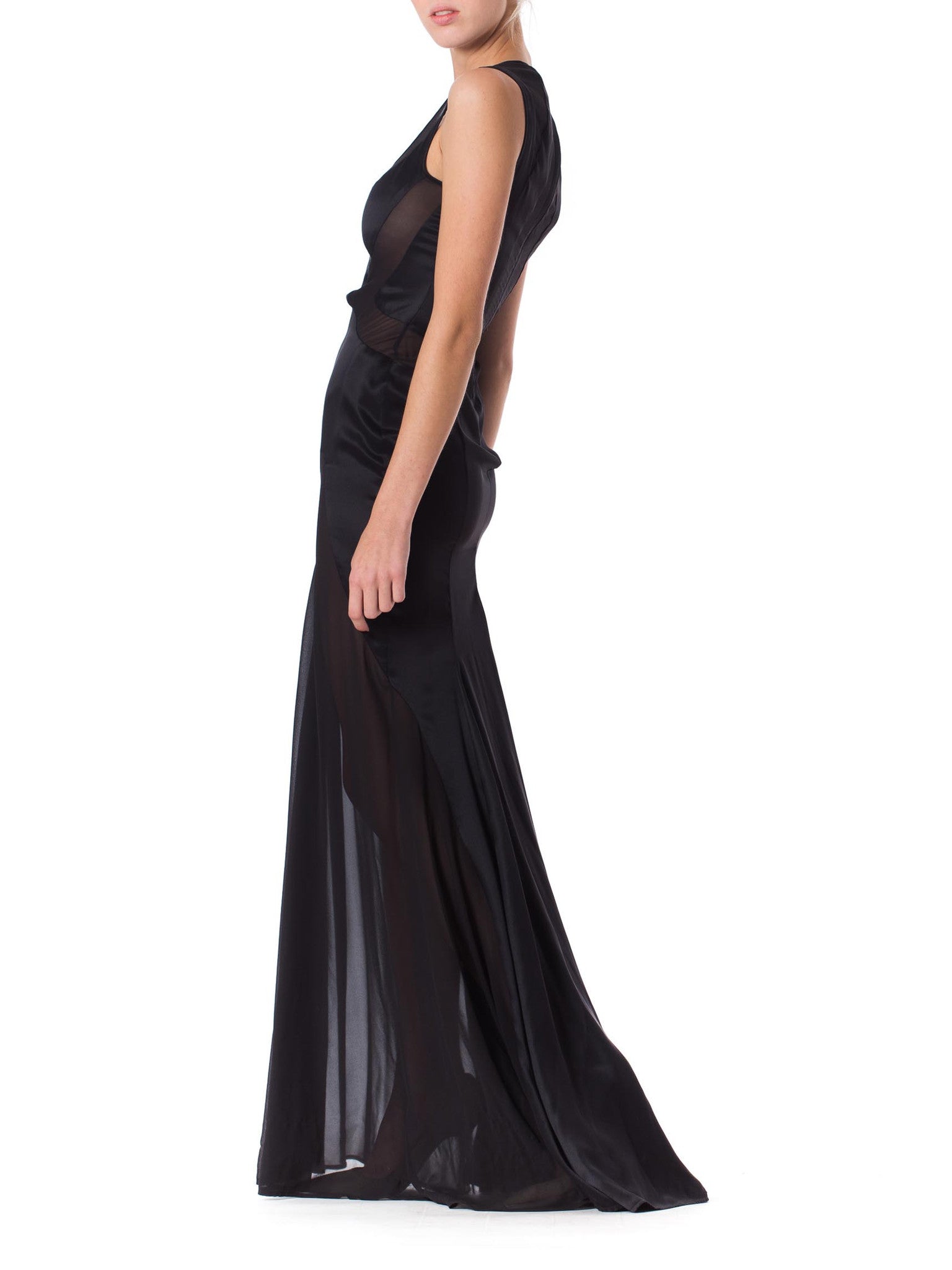 2000S VERSACE Black Silk Charmeuse Gown With Sheer Chiffon Peek-A-Boo ...