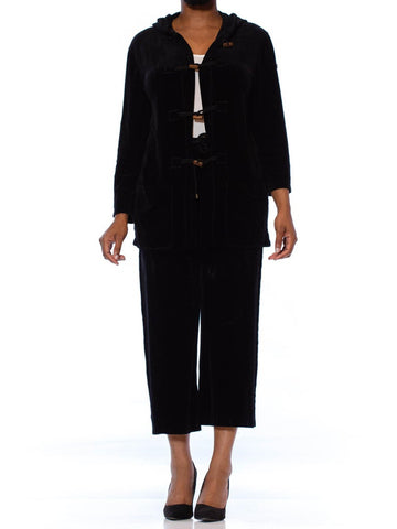 1990S Sonia Rykiel Black Cotton / Rayon Stretch Velvet Hoodie Pant Suit With Logo Toggles