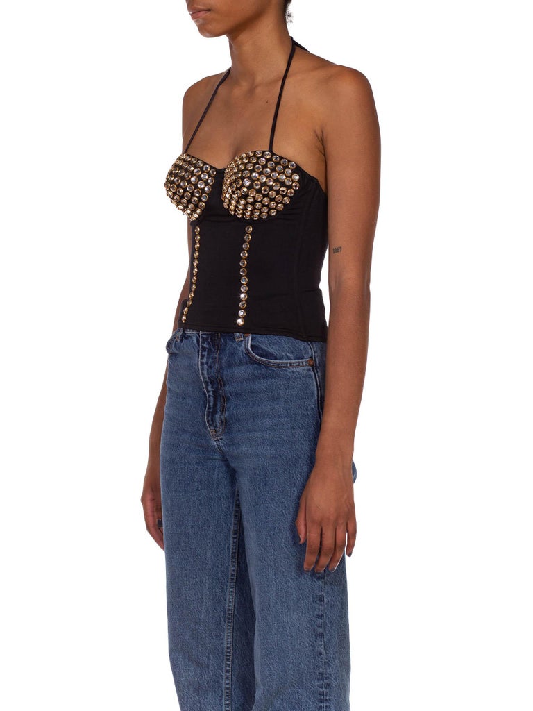 1980S Black Gold Rayon & Lycra Crystal Studded Boned Stretch Bustier