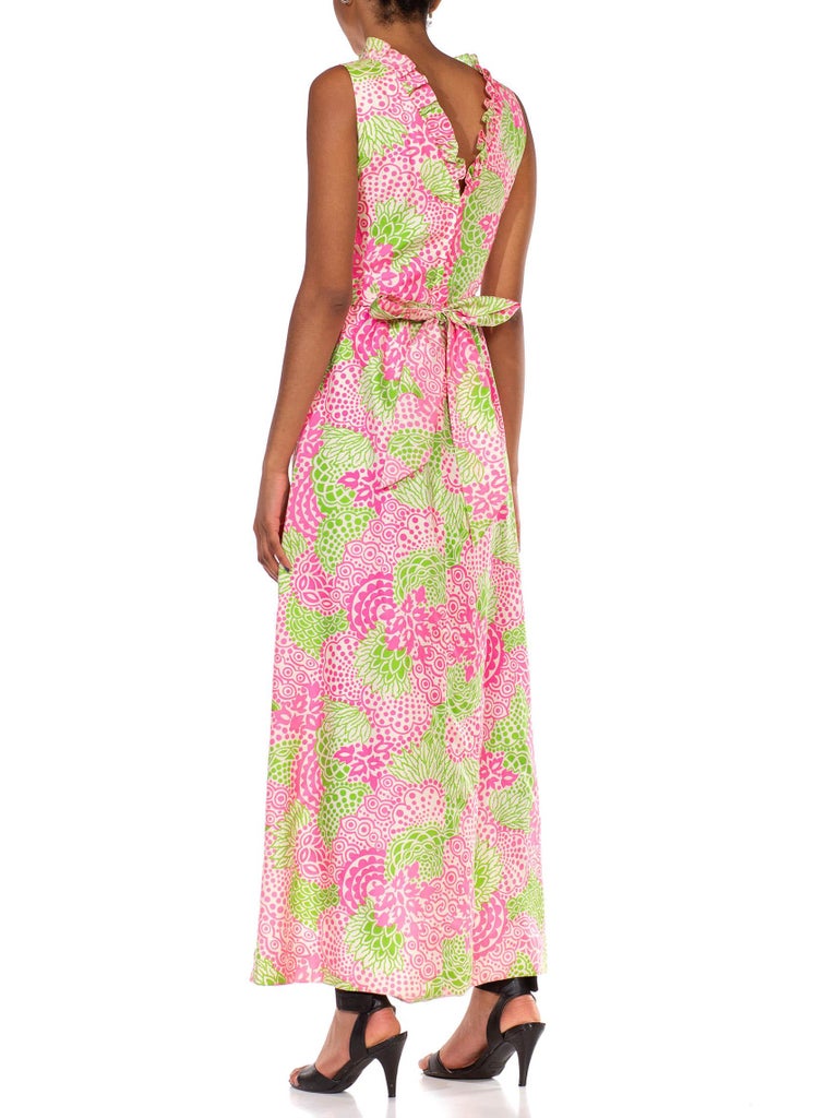 1960S Lilly Pulitzer Style Pink & Green Organic Cotton Sleeveless Maxi Dress With Belt