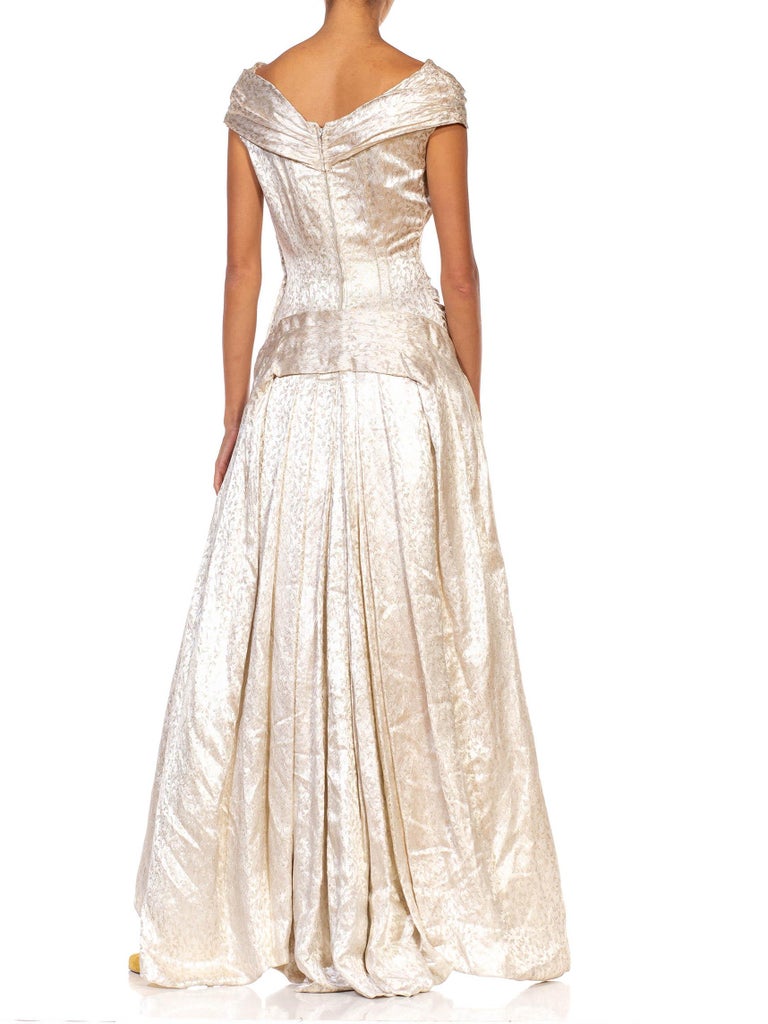 1950S Cream Champagne Silk Jacquard Crisscross Bodice Gown