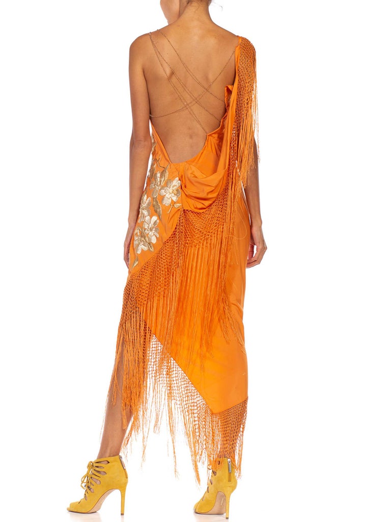 Morphew Collection Orange Bias Cut Fringed Dress Made From 1920S Hand-Embroidered Silk