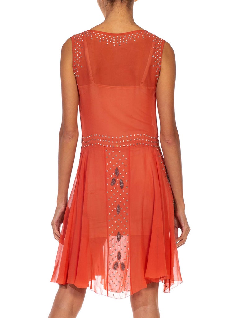 1920S Coral Silk Chiffon Crystal Beaded Flapper Cocktail Dress