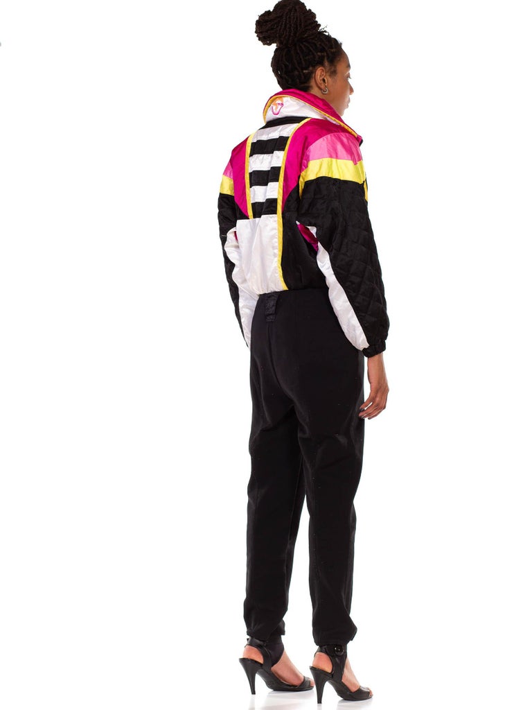 1980S Black Pink & Yellow  Nylon Quilted Ski Jumpsuit