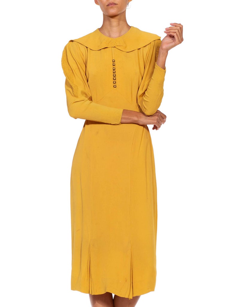 1930S Mustard Yellow Rayon Crepe Caplet Dress With Leg O Mutton Sleeves