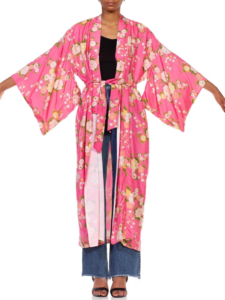 1960S Pink Floral Silk Kimono