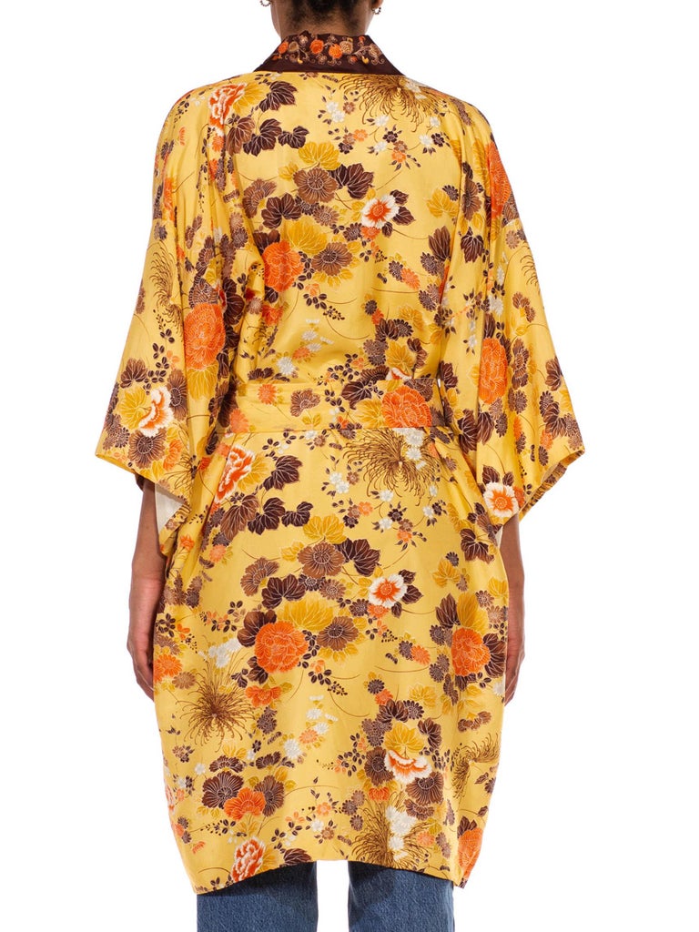 1960S Butter Yellow & Brown Floral Silk Kimono