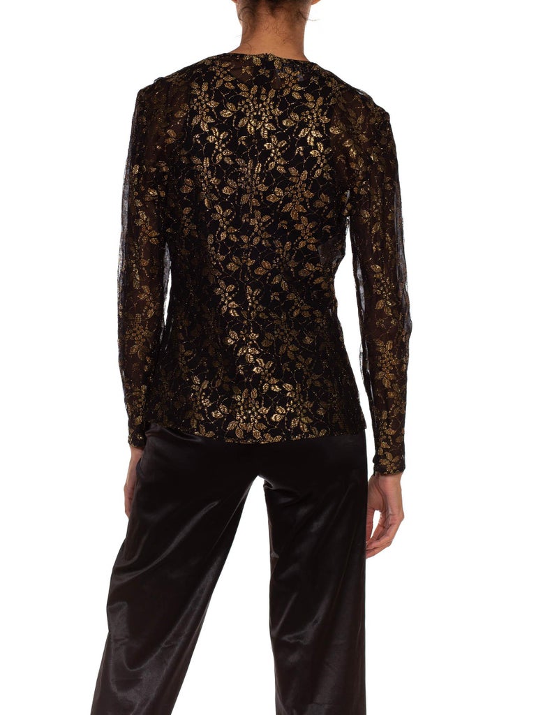 1990S Gianfranco Ferre Black & Gold Silk Lace Blouse