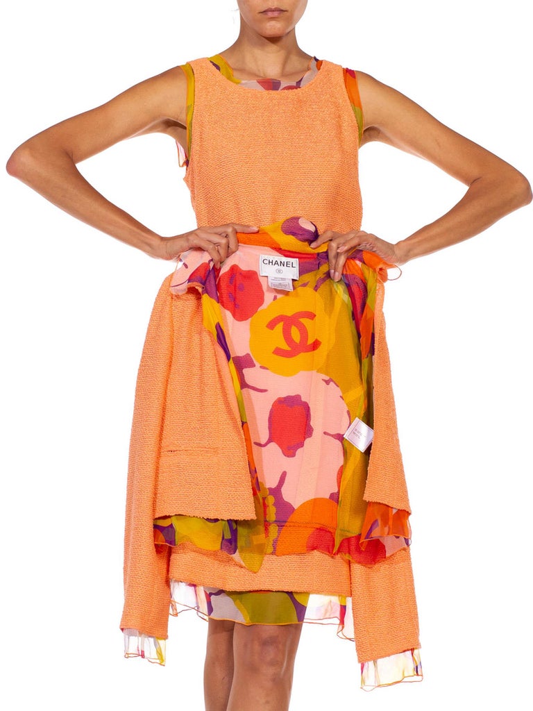 2000S Chanel Orange Boucle & Floral Silk Chiffon 3-Piece Skirt Suit