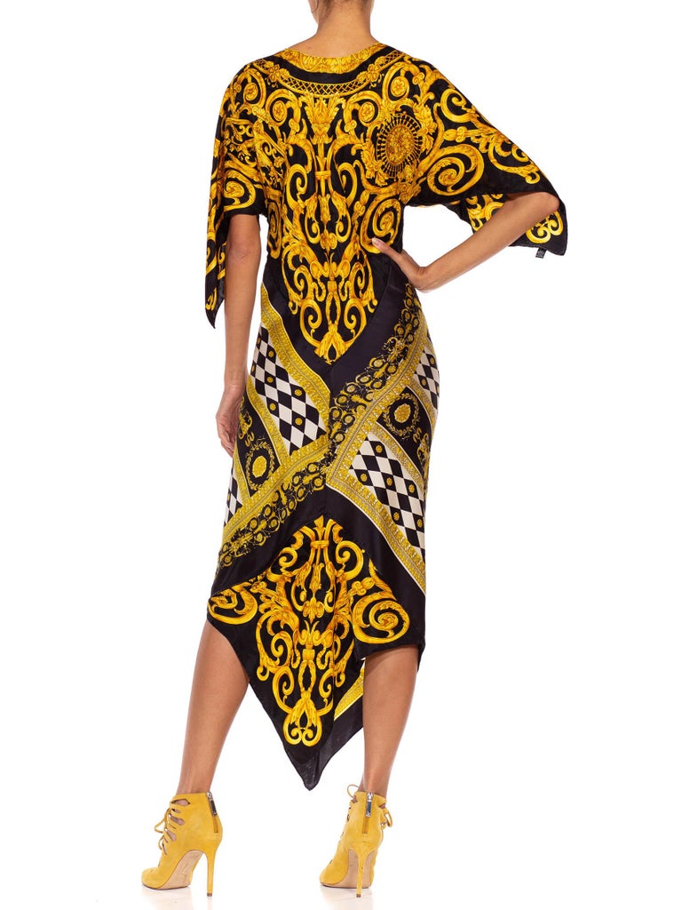Morphew Collection Black & Gold Status Print Silk Geometric Two Scarf Dress