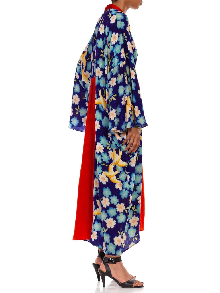 Morphew Collection Blue & Red Silk Hand Printed Floral Birds Kaftan Made From 1930 S Japanese Kimonos