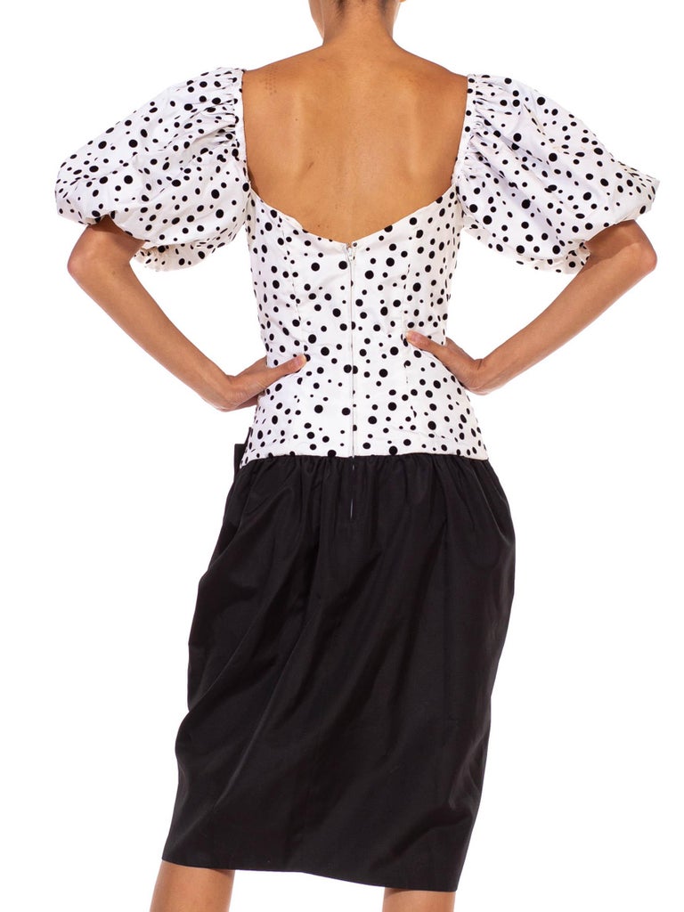 1980S Black & White Polka Dot Puff Sleeve Cocktail Dress With Large Bow