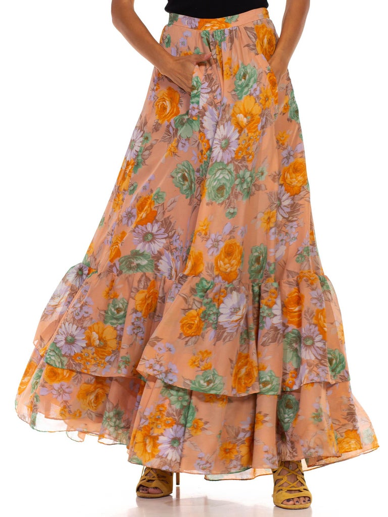 1970S Dusty Pink Orange & Green Floral Tiered Ruffle Skirt