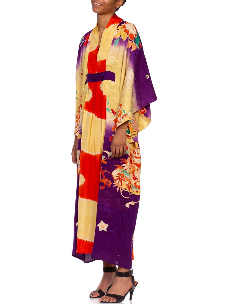 Morphew Collection Ivory Orange & Purple Japanese Kimono Silk Hand Dyed And Painted Kaftan