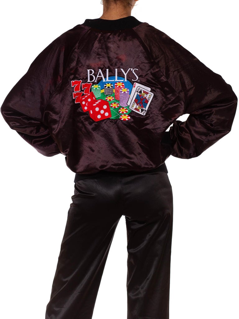 1980S Black Satin Bally's Casino Embroidered Bomber Jacket