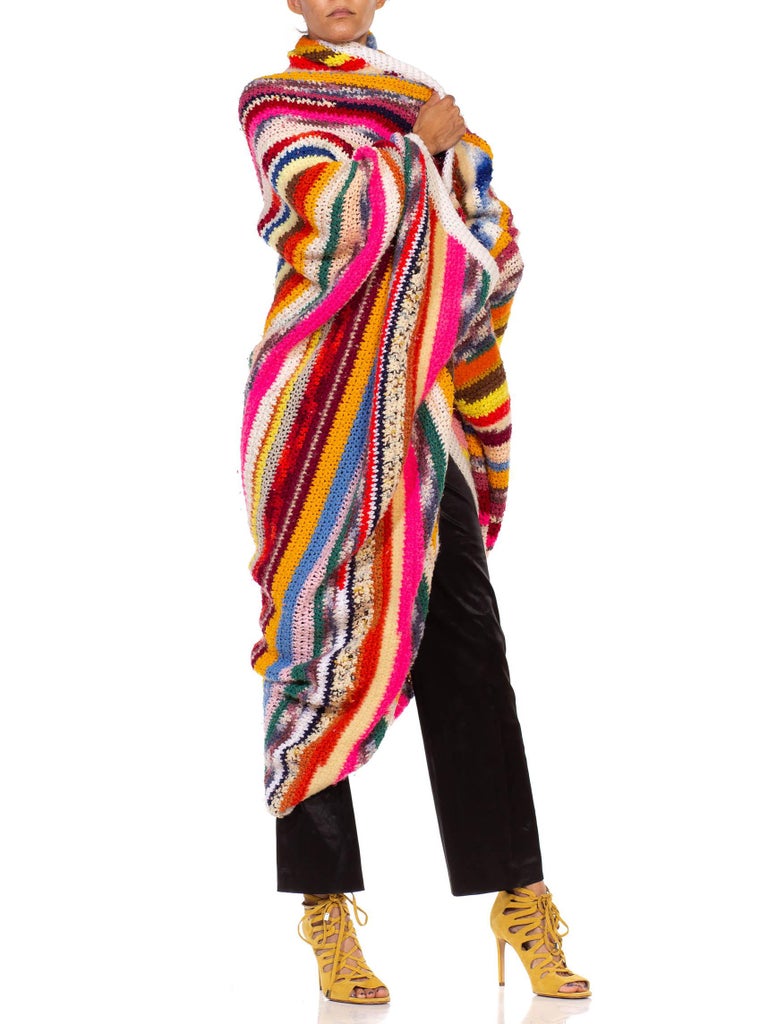 1970S Rainbow Wool Crochet Oversized Cardigan