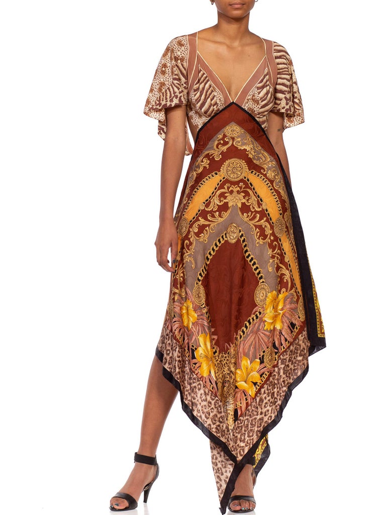 Morphew Collection Beige & Brown Silk Twill Animal Versace Style Print 3-Scarf Dress Made From Vintage Scarves