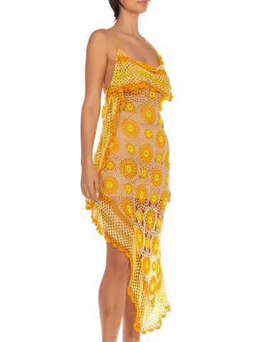 Morphew Collection Orange Yellow & White Cotton Sexy Crochet Flower Dress With Low Back