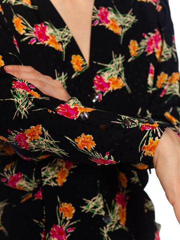 1980S EMANUEL UNGARO Black, Pink & Orange Floral Silk Long Sleeve Dress With Pockets