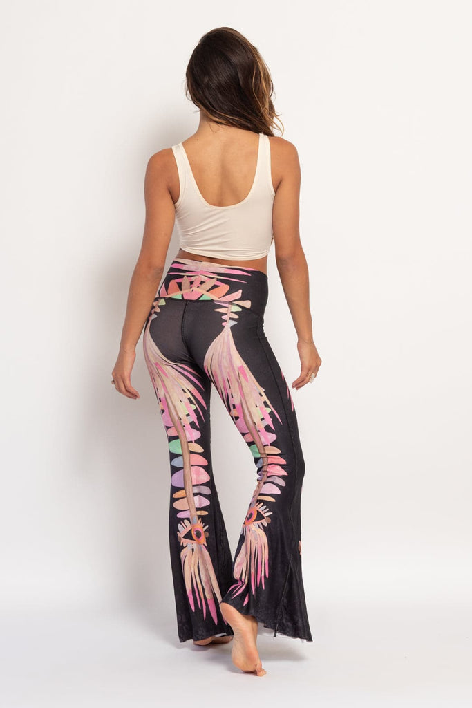 Eagle Feather Pink Crop Bell Bottom by teeki - womens yoga Bell bottoms  flare pants