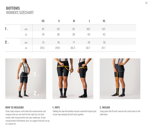 castelli Womens shorts size chart